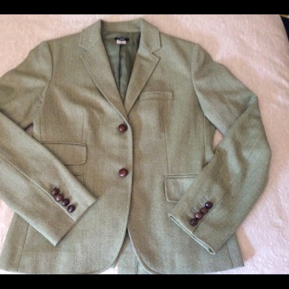 J Crew Green Herringbone Hacking Jacket